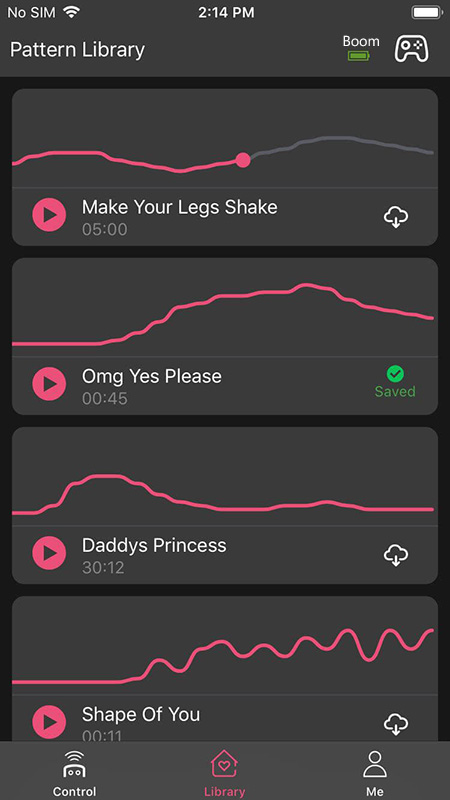 The Enjox Remote app screenshot showcasing the unlimited pattern creation feature with saved and downloadable vibration patterns.