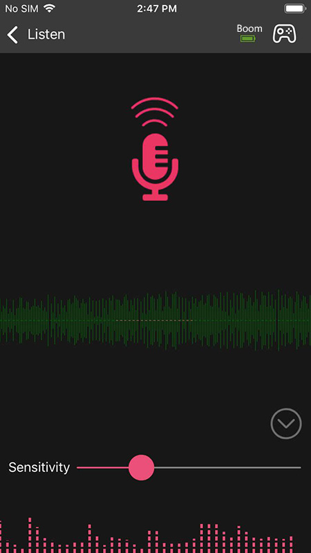 Enjox Remote app screenshot displaying the sound-activated feature with adjustable sensitivity for syncing vibrations to ambient noise.