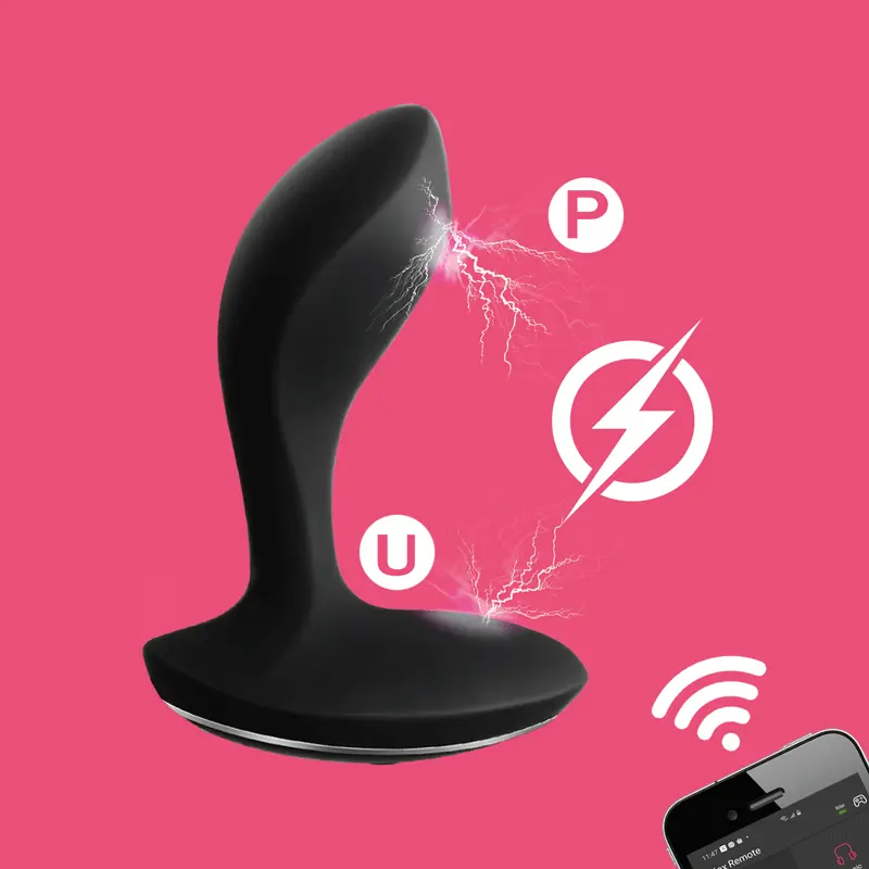BoomPro electric shock butt plug delivering electric shocks at the base and tip, with remote control functionality via smartphone for customizable stimulation.