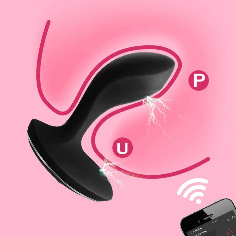 BoomPro remote control butt plug delivering electric shocks to the perineum and prostate while vibrating to stimulate the prostate for enhanced pleasure.