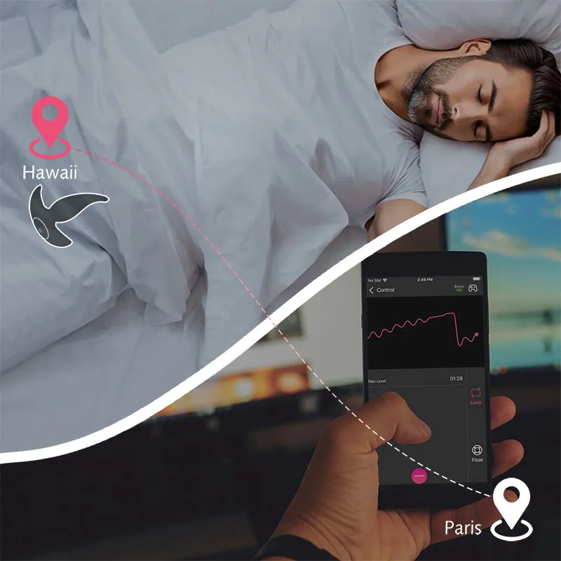 Boom wearable anal plug being remotely controlled via smartphone app from Paris while worn by a man sleeping in Hawaii, showcasing long-distance control capabilities.