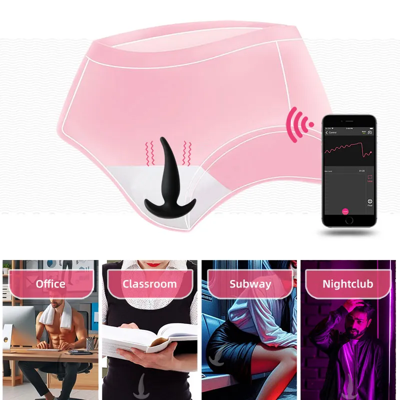 Boom wearable anal plug discreetly worn in underwear, controlled via app, showcasing versatility for use in different public settings like office, classroom, subway, and nightclub for hidden stimulation.