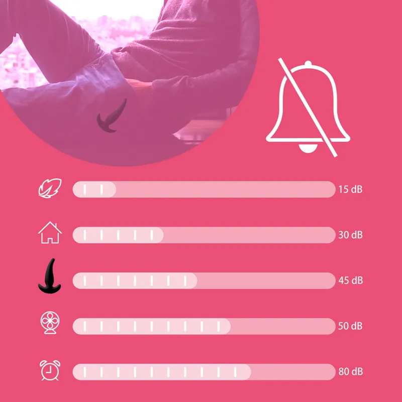 Boom beginner anal plug with noise levels comparison, demonstrating its discreet 45dB operation, quieter than a fan and alarm clock.