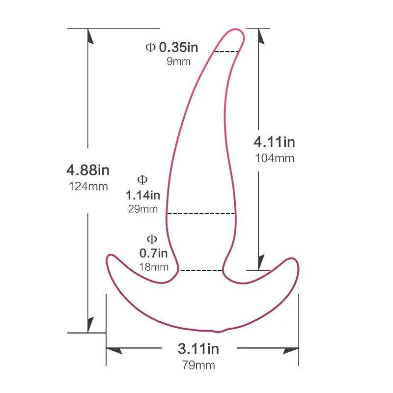Diagram displaying the precise dimensions of the Boom beginner anal plug, including measurements for length, width, and diameter at various points of the device. It shows the overall length as 4.88 inches, with other key measurements clearly marked for user reference.