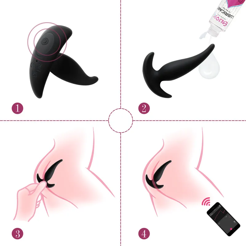 Step-by-step illustration showing how to use the Boom beginner anal plug. Steps include turning on the device (step 1), applying lubricant (step 2), insertion (step 3), and using a smartphone app to control vibration patterns (step 4).