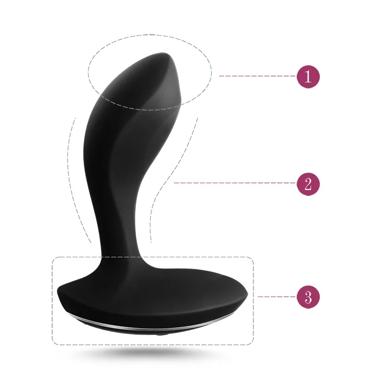 BoomPro electric shock butt plug demonstrating ergonomic design, with a smooth head for easy insertion, a curved neck for comfort, and a secure base for stability.
