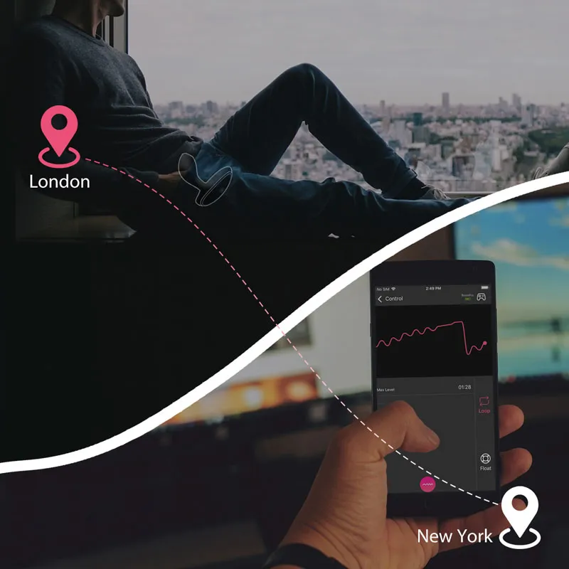 BoomPro electric shock butt plug controlled remotely via smartphone app, demonstrating long-distance control between New York and London for intimate play across the globe.