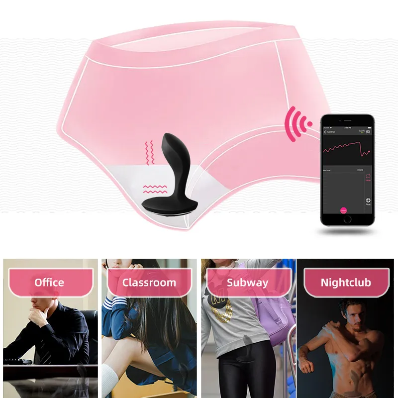 BoomPro electric shock butt plug discreetly worn inside underwear, controlled via smartphone app, highlighting its versatility for use in various settings such as office, classroom, subway, and nightclub.