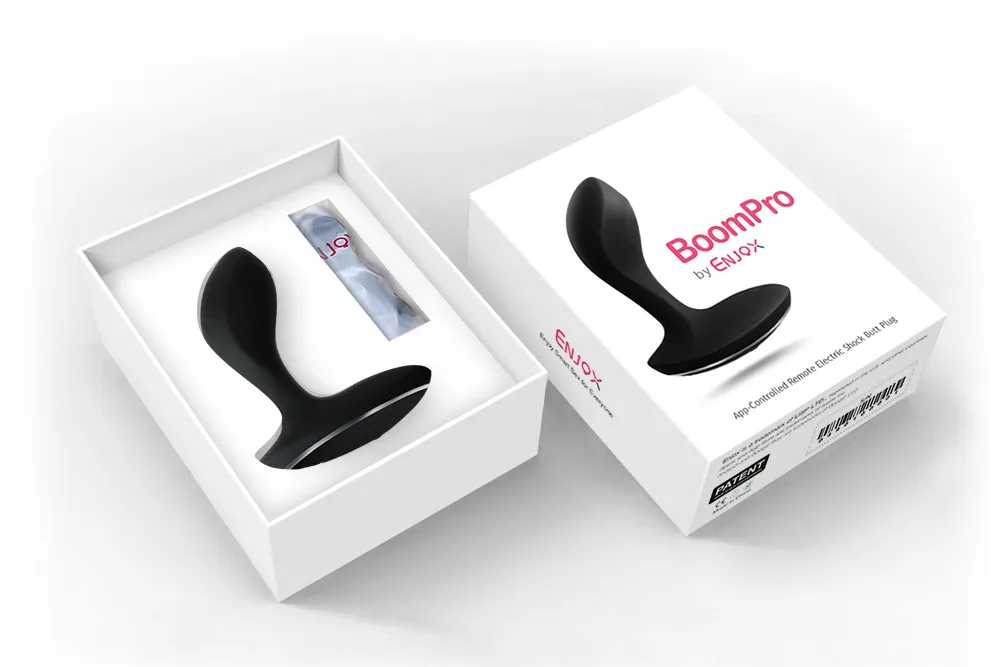 BoomPro electric shock butt plug packaging, displaying the contents of the box with discreet packaging to protect personal privacy during shipping.