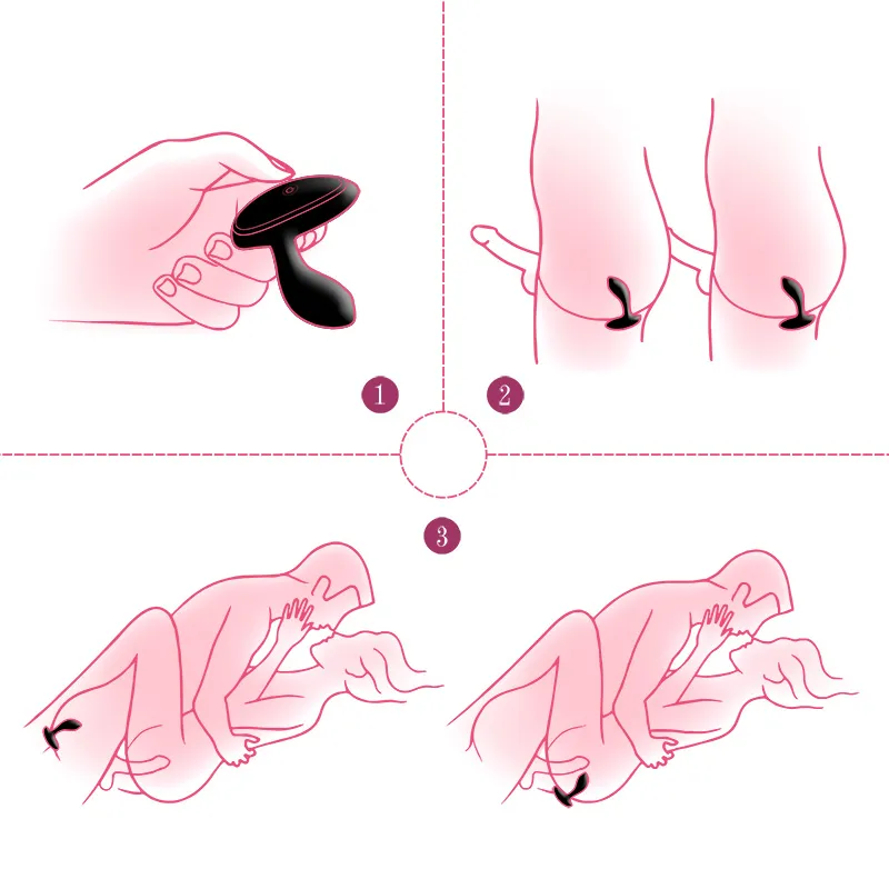 BoomPro electric shock butt plug showcasing multiple play options: solo use, male-male play, and male-female play, demonstrating versatility for different intimate experiences.