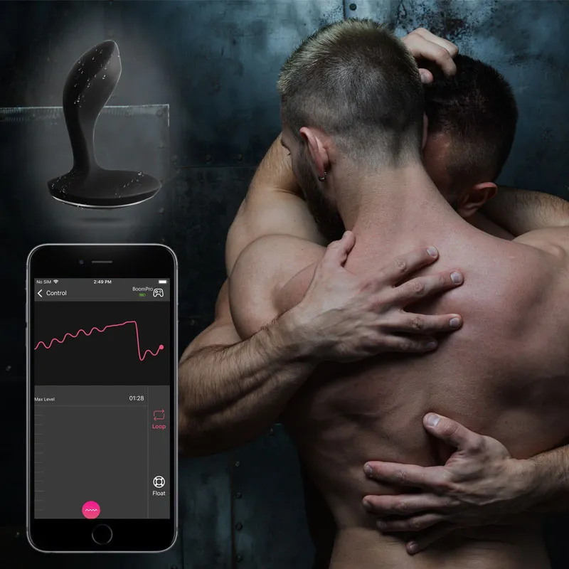 BoomPro electric shock butt plug with app-controlled customizable vibration patterns, allowing users to tailor the experience to their unique body needs, shown alongside a passionate male couple.