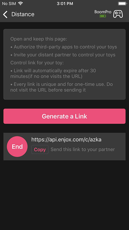 The Enjox Remote app screenshot showcasing the long-distance control feature with a one-time use link for remote partner interaction.