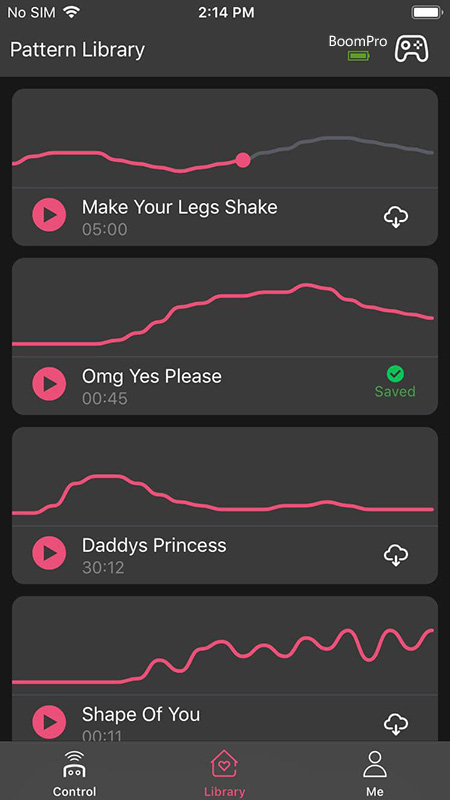 The Enjox Remote app screenshot showcasing the unlimited pattern creation feature with saved and downloadable vibration patterns.