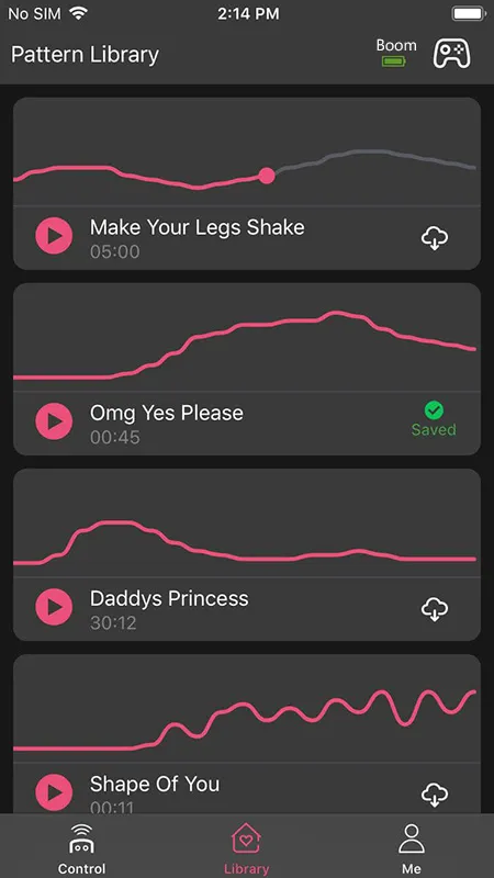 The Enjox Remote app screenshot showcasing the unlimited pattern creation feature with saved and downloadable vibration patterns.