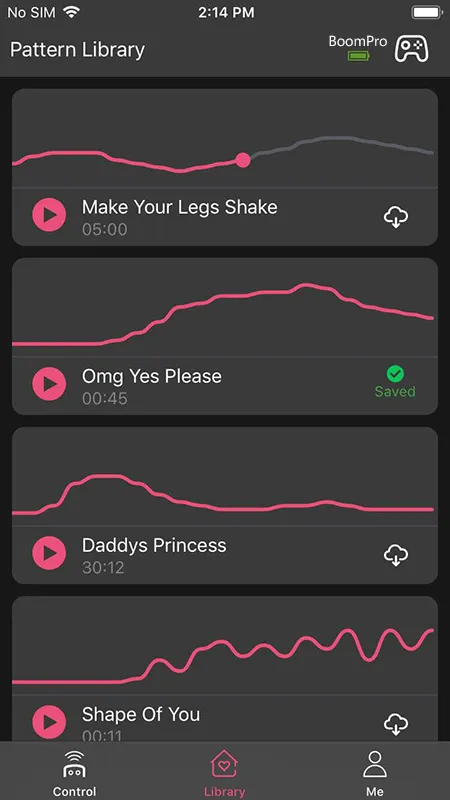The Enjox Remote app screenshot showcasing the unlimited pattern creation feature with saved and downloadable vibration patterns.