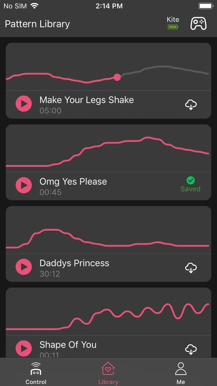 The Enjox Remote app screenshot showcasing the unlimited pattern creation feature with saved and downloadable vibration patterns.