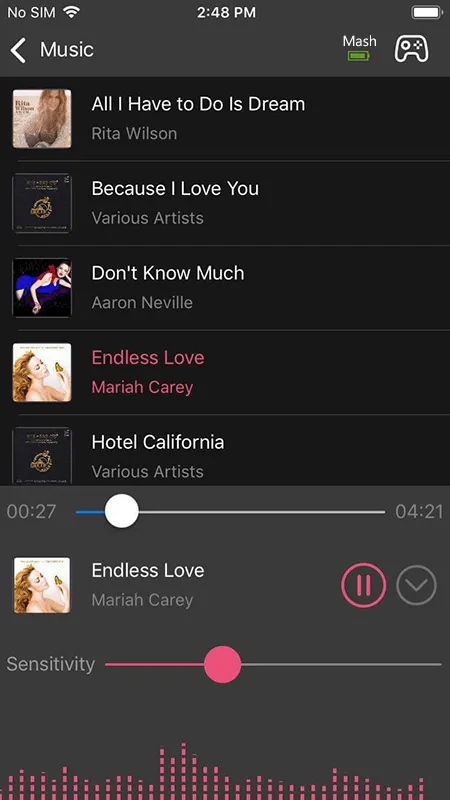 Enjox Remote app screenshot displaying the sync-to-music feature with selected tracks and adjustable sensitivity.