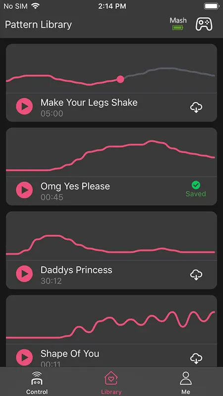 The Enjox Remote app screenshot showcasing the unlimited pattern creation feature with saved and downloadable vibration patterns.